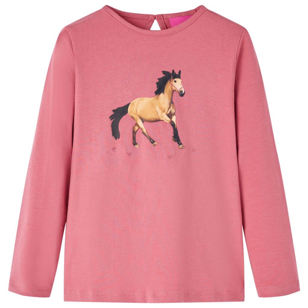 Langærmet T-shirt til børn str. 116 - gammelrosa med hestemotiv billede