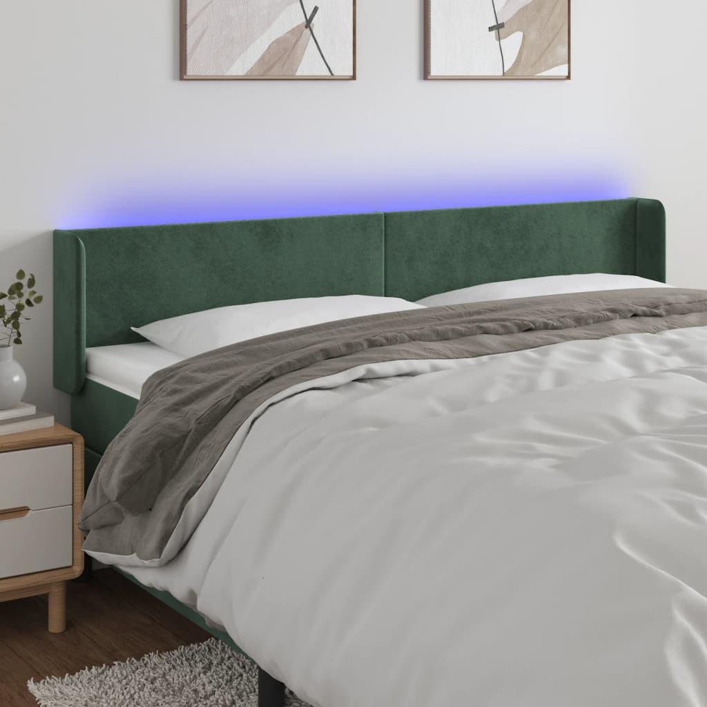 Sengegavl med LED-lys 183x16x78/88 cm - fløjl, mørkegrøn billede
