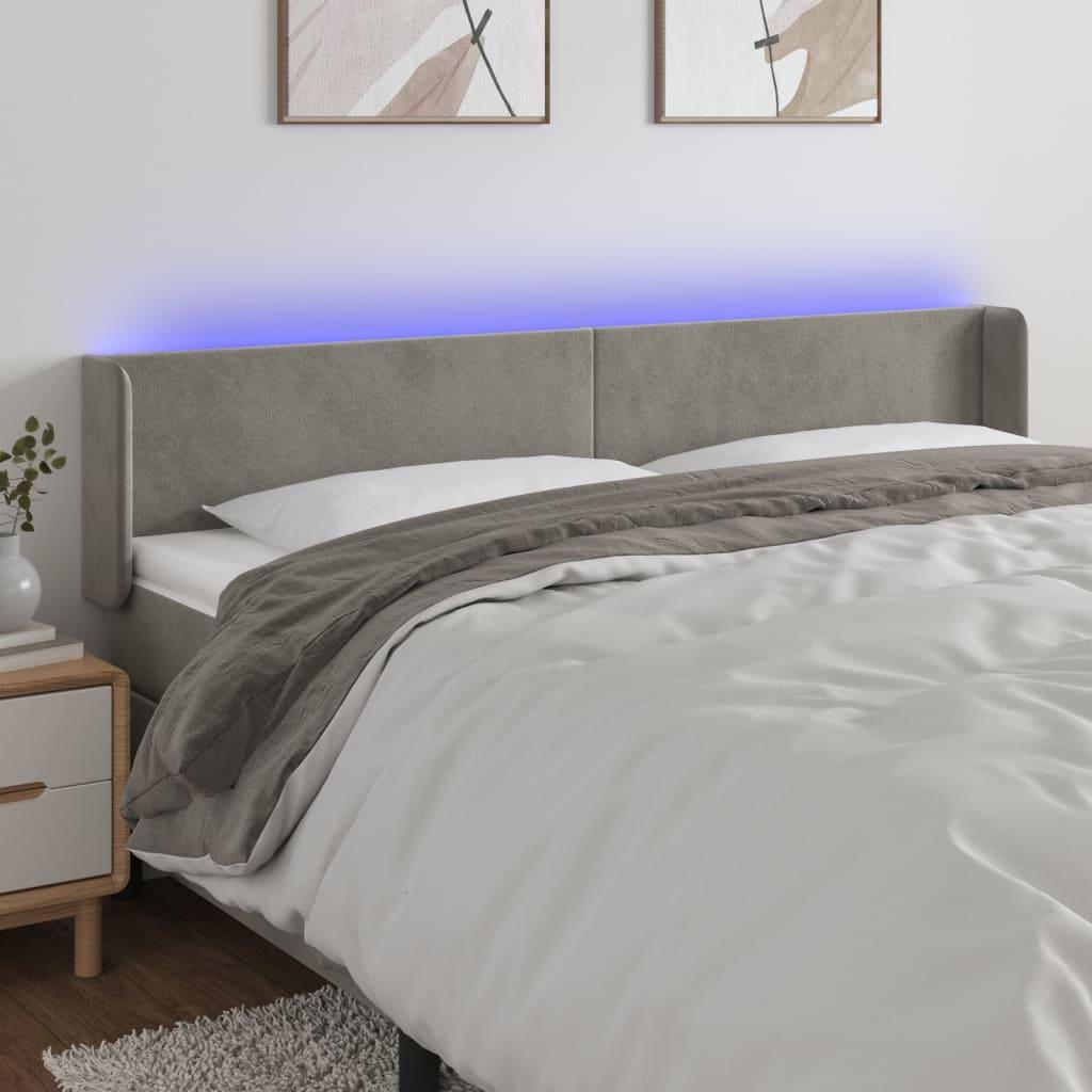 Sengegavl med LED-lys 203x16x78/88 cm - fløjl, lysegrå billede