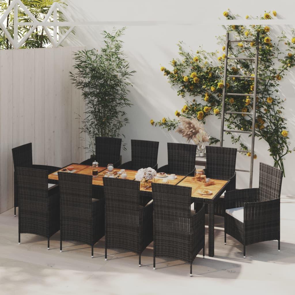 Udendørs spisebordssæt 11 dele med hynder polyrattan sort