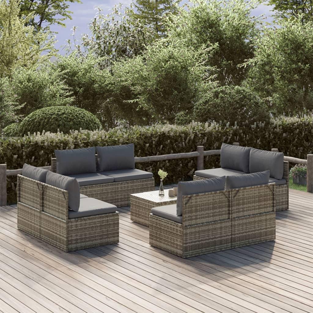 Loungesæt til haven 9 dele med hynder polyrattan grå