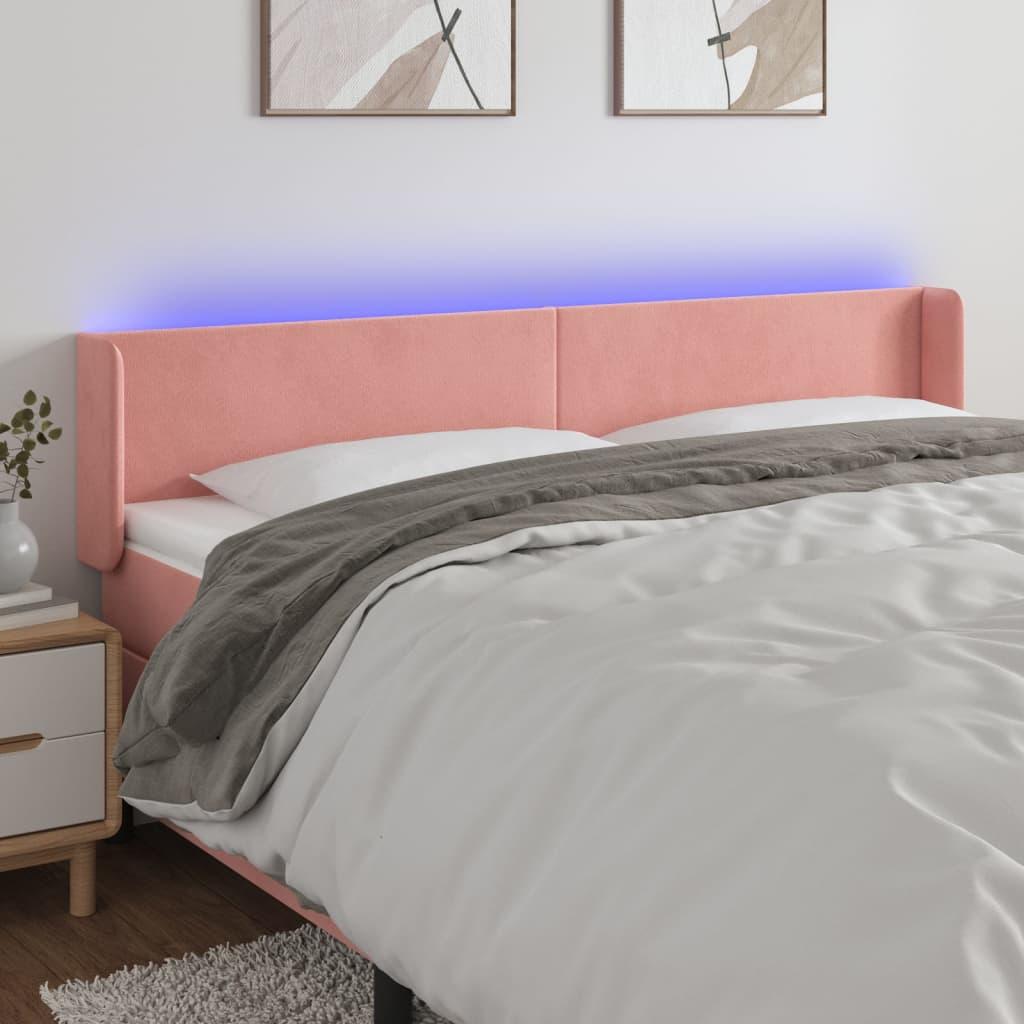 Sengegavl med LED-lys 203×16×78/88 cm - fløjl, lyserød billede