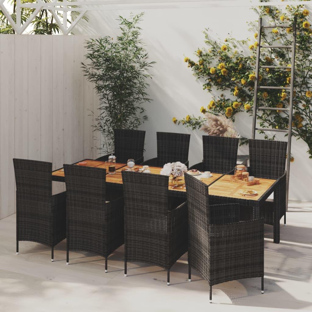 Udendørs spisebordssæt 9 dele med hynder polyrattan sort