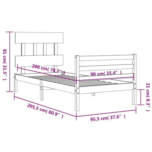 Sengeramme med sengegavl 90x200 cm massivt træ gyldenbrun