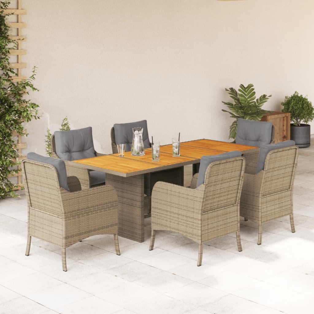 Spisebordssæt til haven 7 dele med hynder polyrattan beige