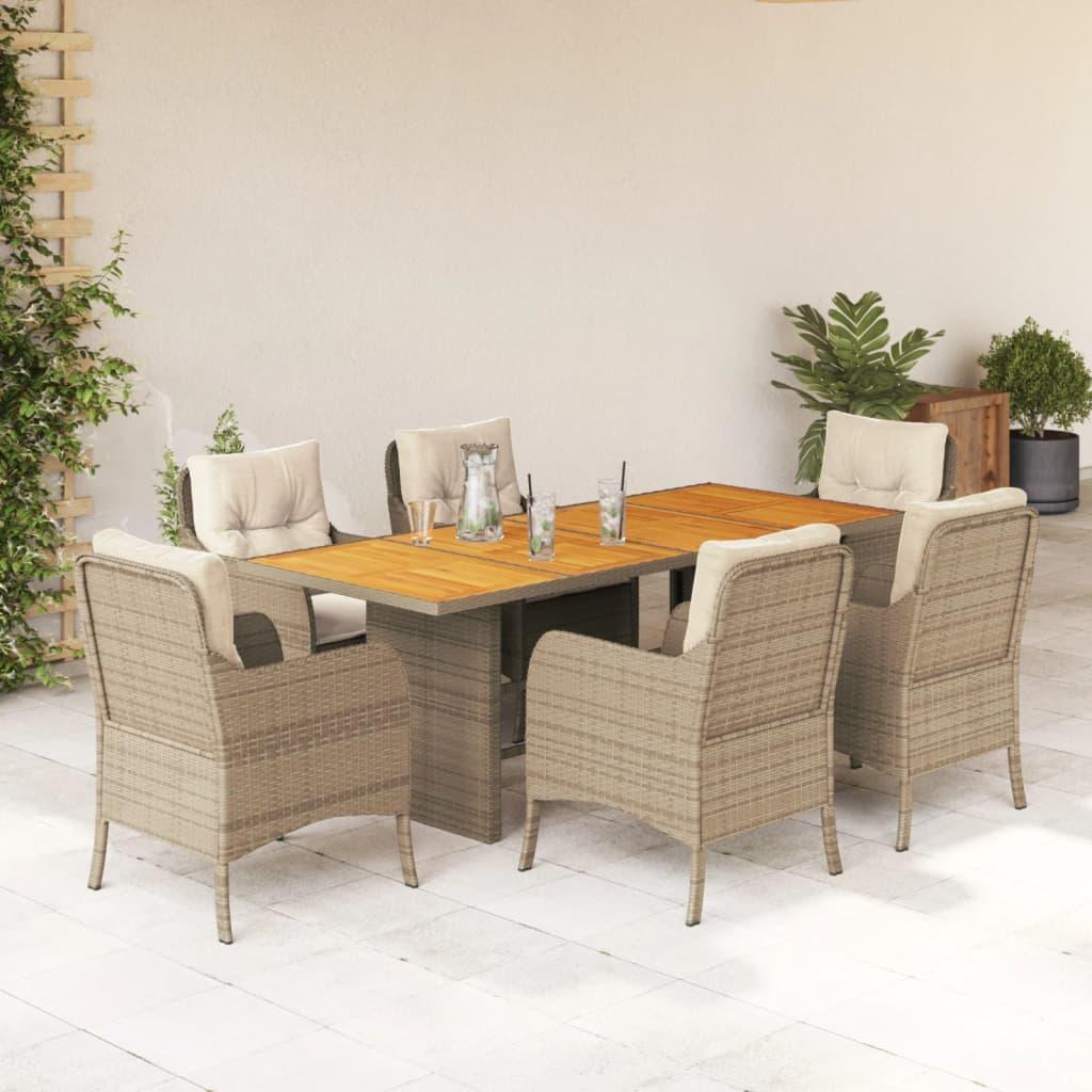 Spisebordssæt til haven 7 dele med hynder polyrattan beige