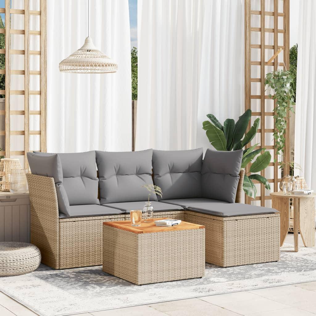 Havesofasæt 5 dele med hynder polyrattan beige