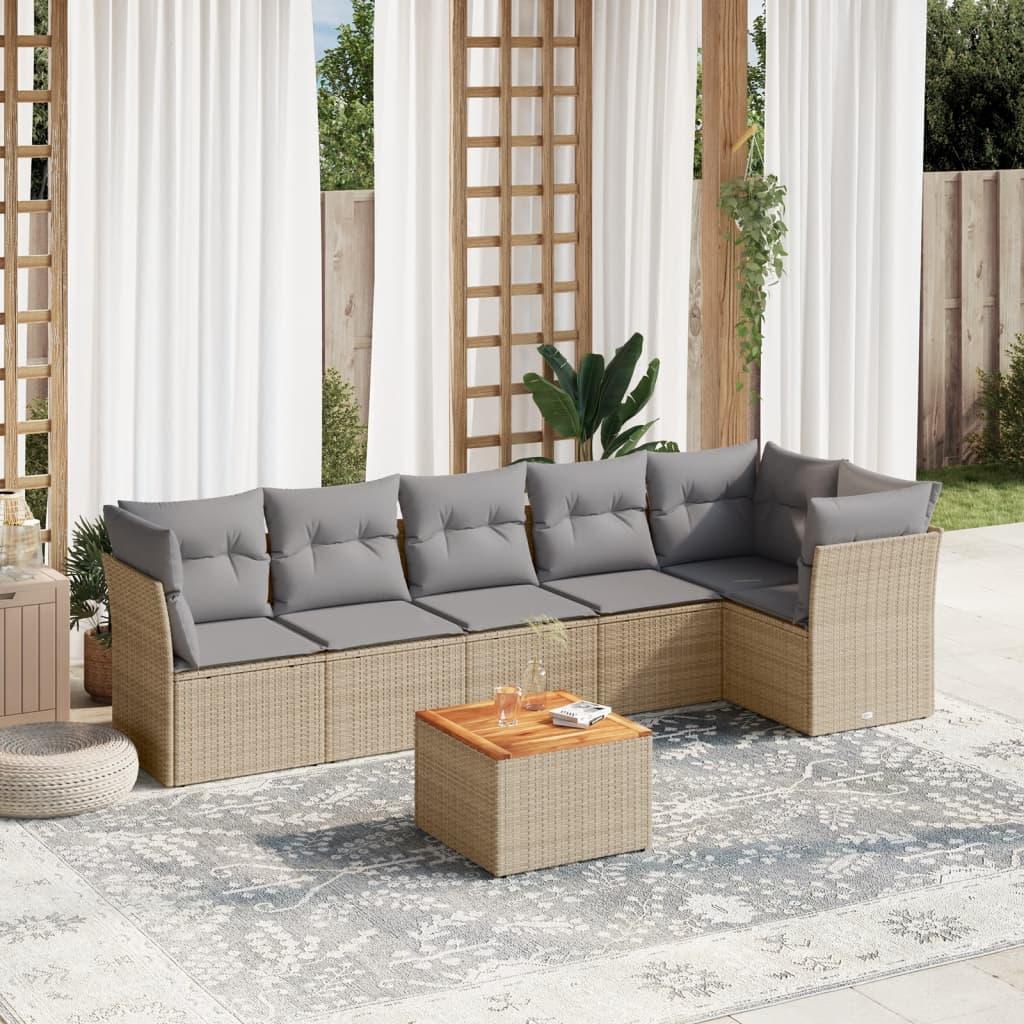 Havesofasæt 7 dele med hynder polyrattan beige