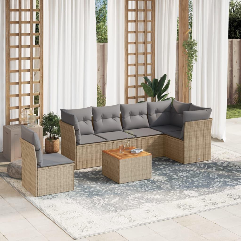 Havesofasæt 7 dele med hynder polyrattan beige