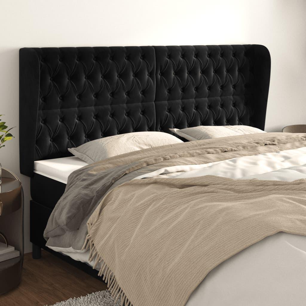 Sengegavl med kanter 203x23x118/128 cm fløjl sort billede