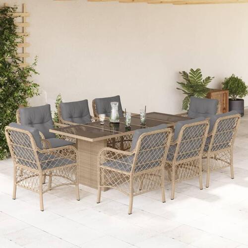 Spisebordssæt til haven 9 dele med hynder polyrattan beige
