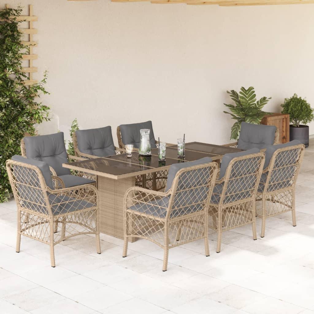 Spisebordssæt til haven 9 dele med hynder polyrattan beige