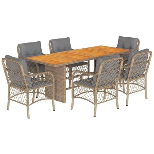 Spisebordssæt til haven 7 dele med hynder polyrattan beige