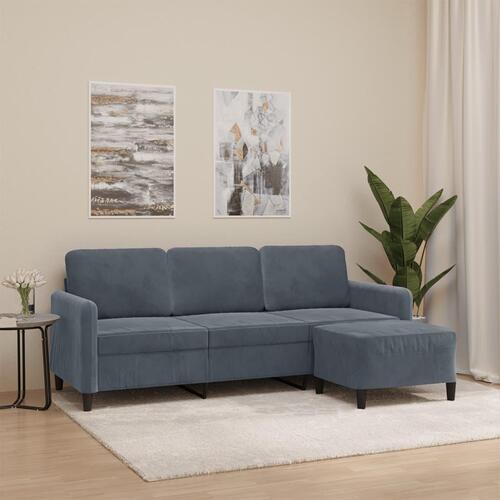 3-personers sofa med fodskammel 180 cm velour mørkegrå