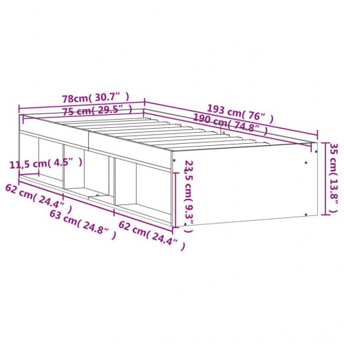 Sengeramme 75 × 190 cm - sort opbevaringsseng i træ