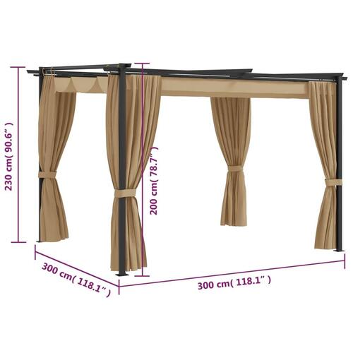 Pavillon med gardiner 3x3 m stål gråbrun