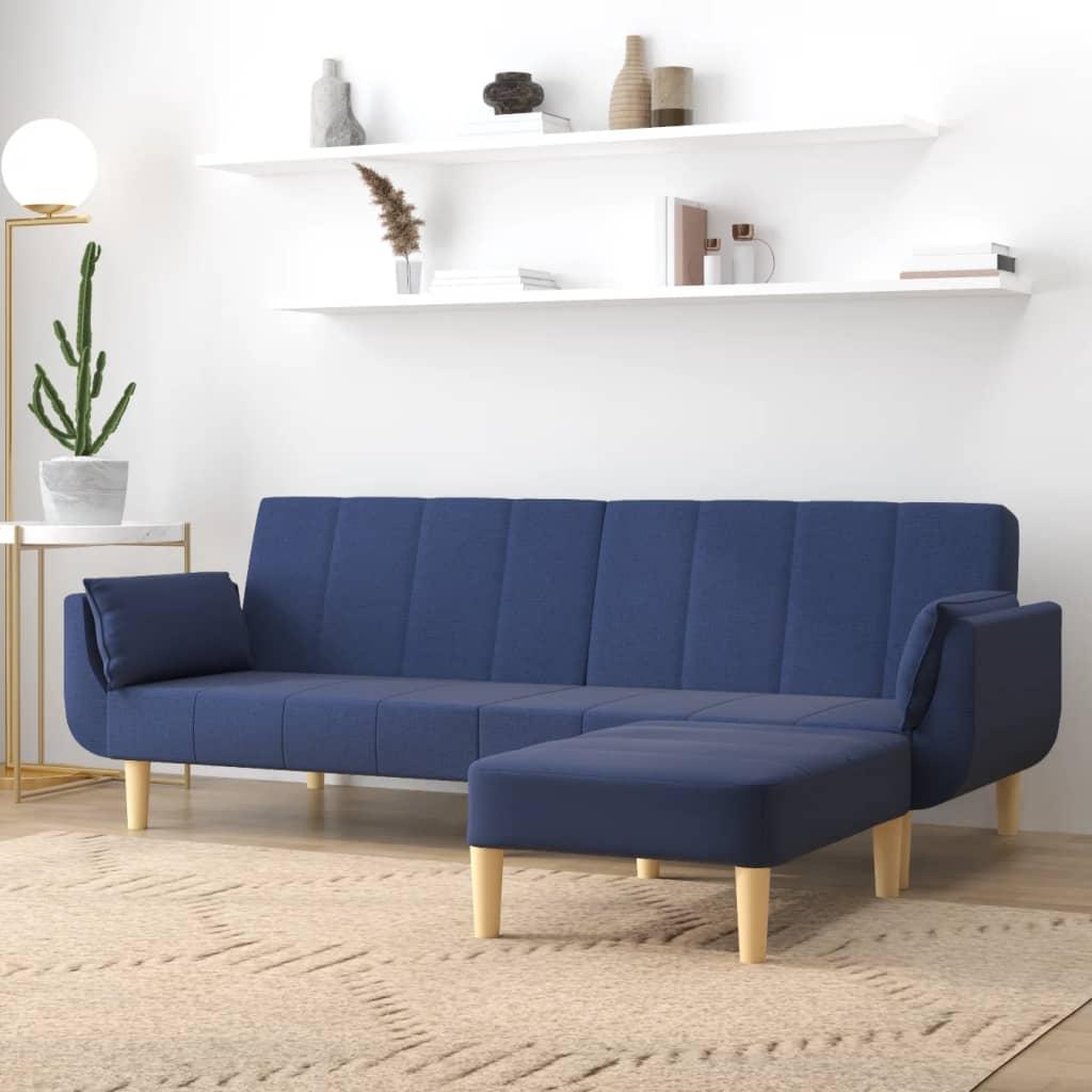 2-personers sovesofa med skammel og 2 puder stof blå
