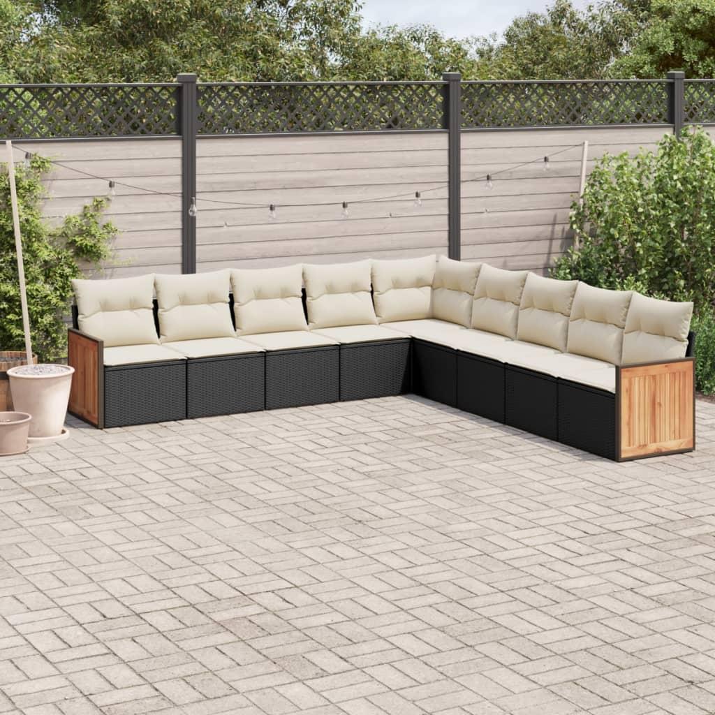 Havesofasæt i polyrattan - 9 dele med hynder, sort