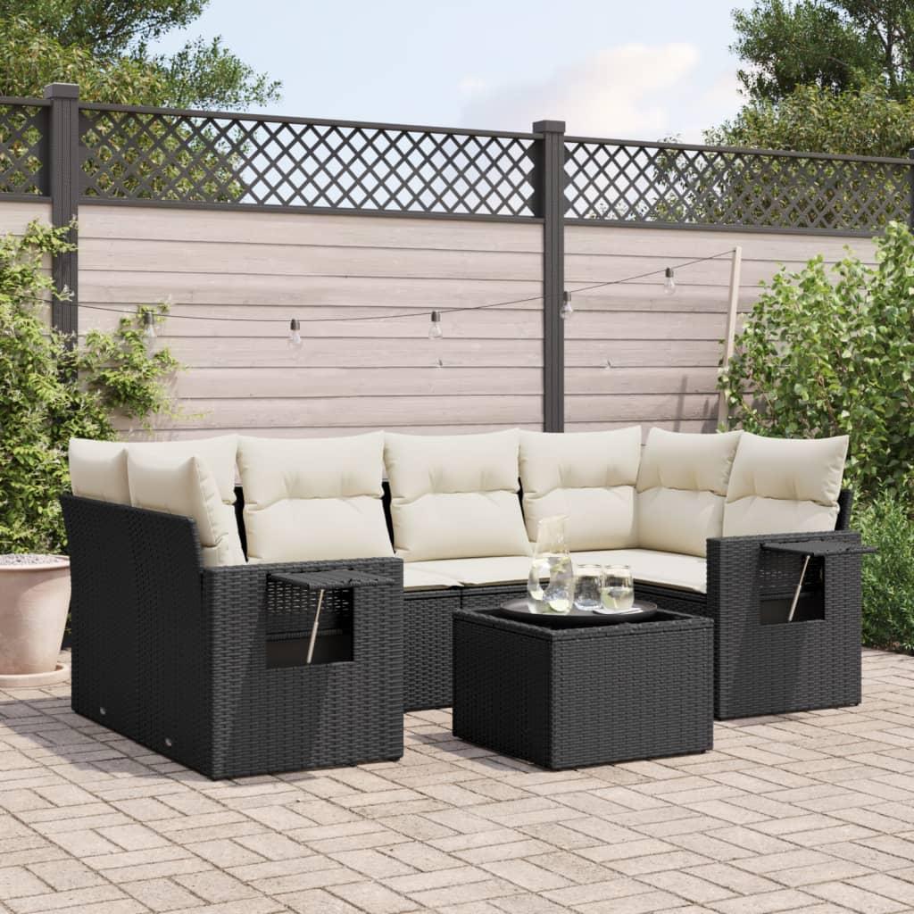 Sofasæt til haven i polyrattan - 7 dele med hynder, sort