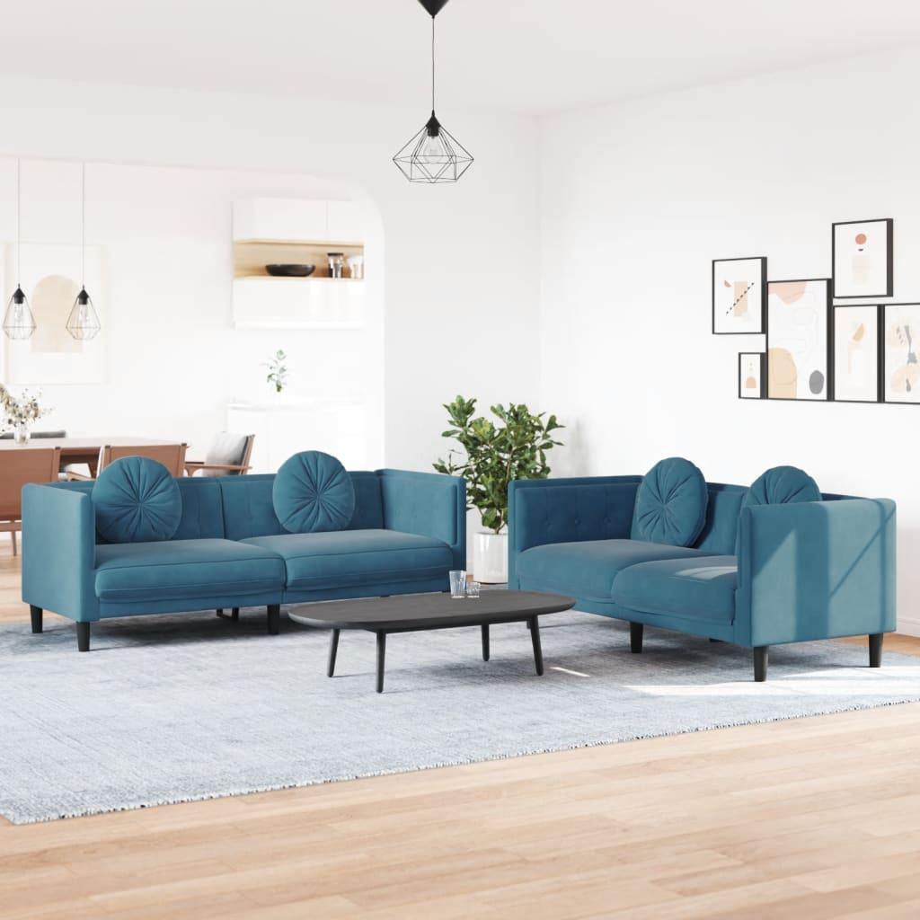 2 personers sofa med puder velour blå