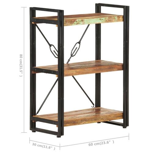 Bogreol m. 3 hylder 60x30x80 cm massivt genbrugstræ