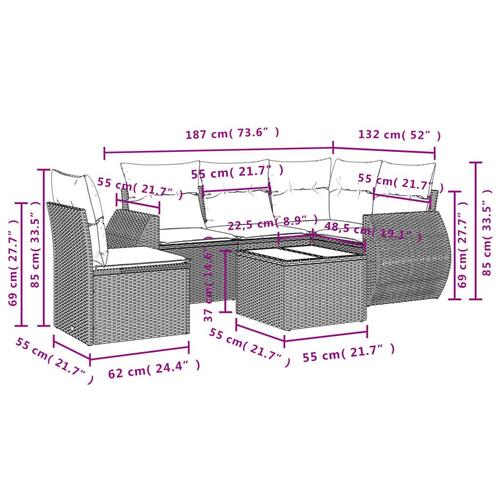 Sofasæt til haven 6 dele med hynder polyrattan sort
