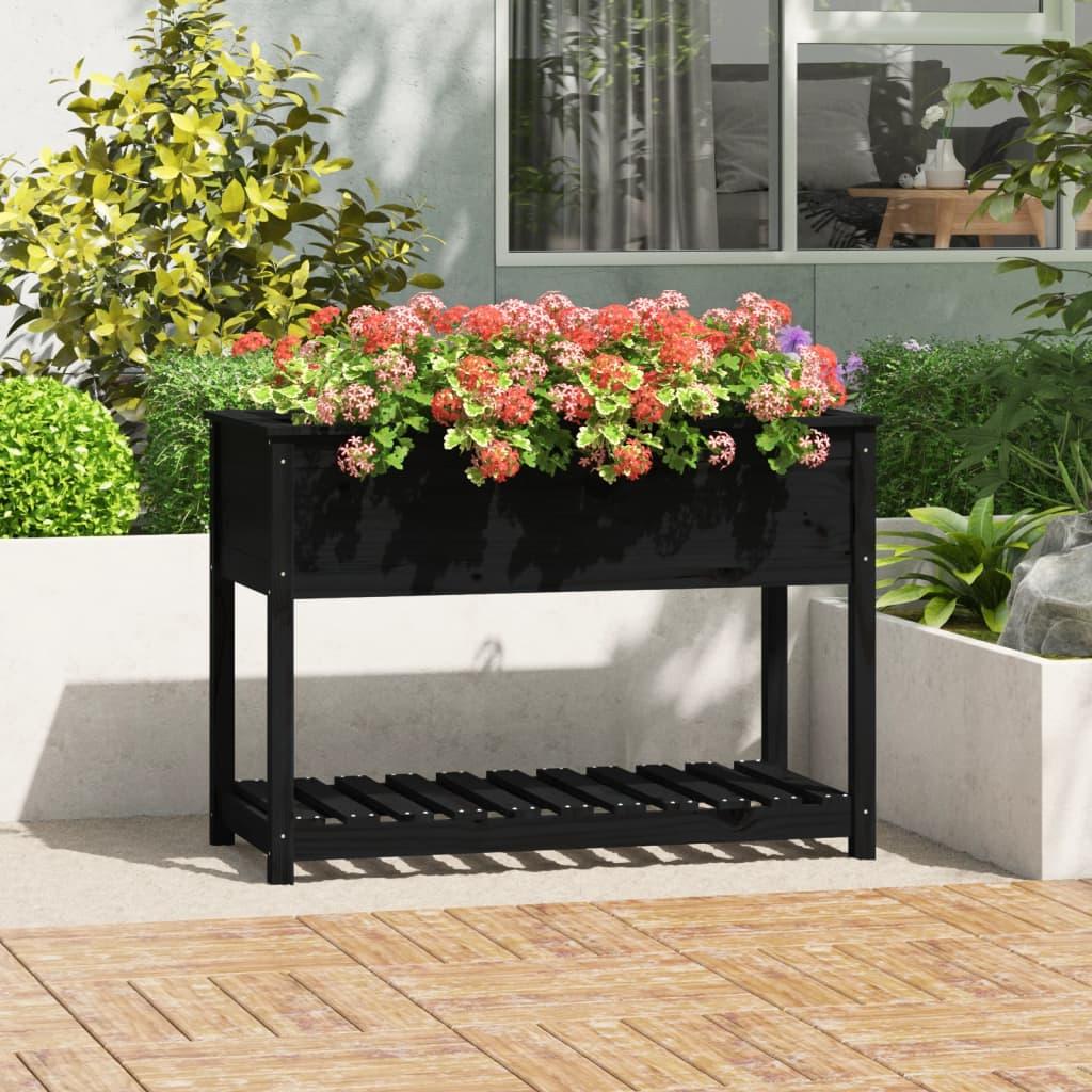 Plantekasse med hylde 111,5x54x81 cm massivt fyrretræ sort