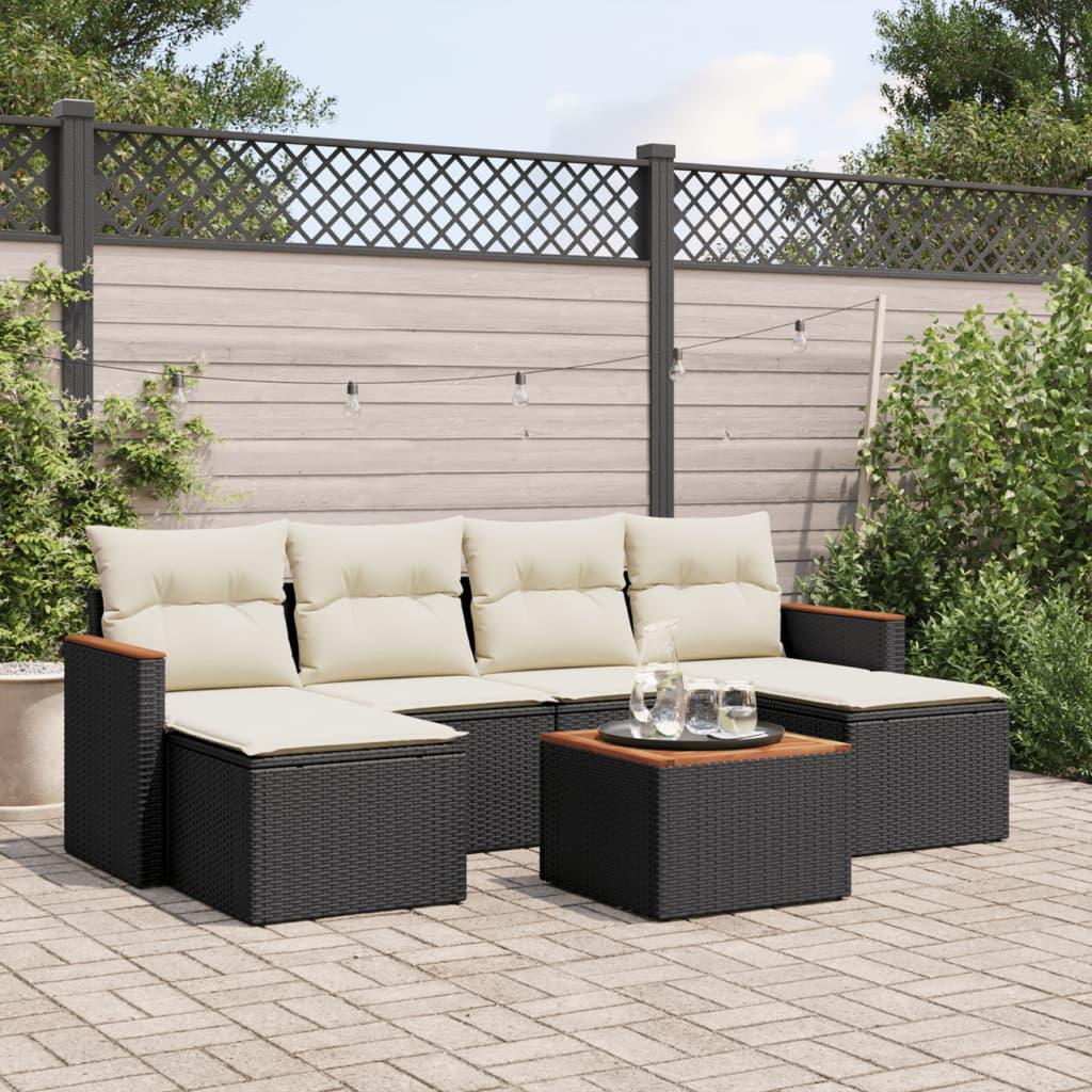 Sofasæt til haven i polyrattan - 7 dele med hynder, sort