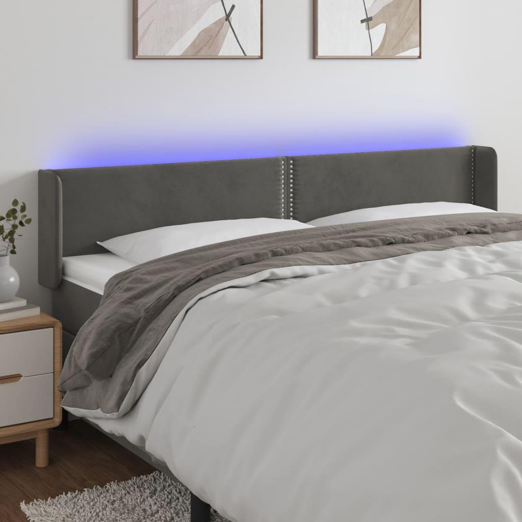 Sengegavl med LED-lys 183x16x78/88 cm fløjl mørkegrå billede