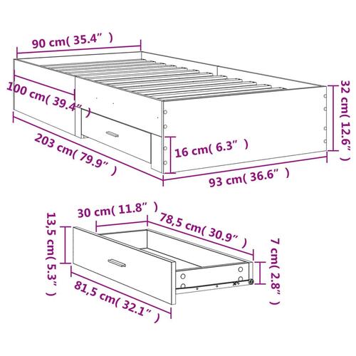 Sengeramme med skuffer 90x200 cm konstrueret træ sonoma-eg