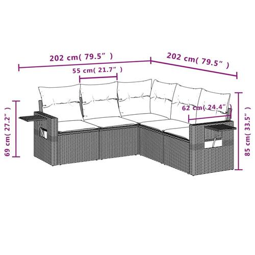 Sofasæt til haven 5 dele med hynder polyrattan brun