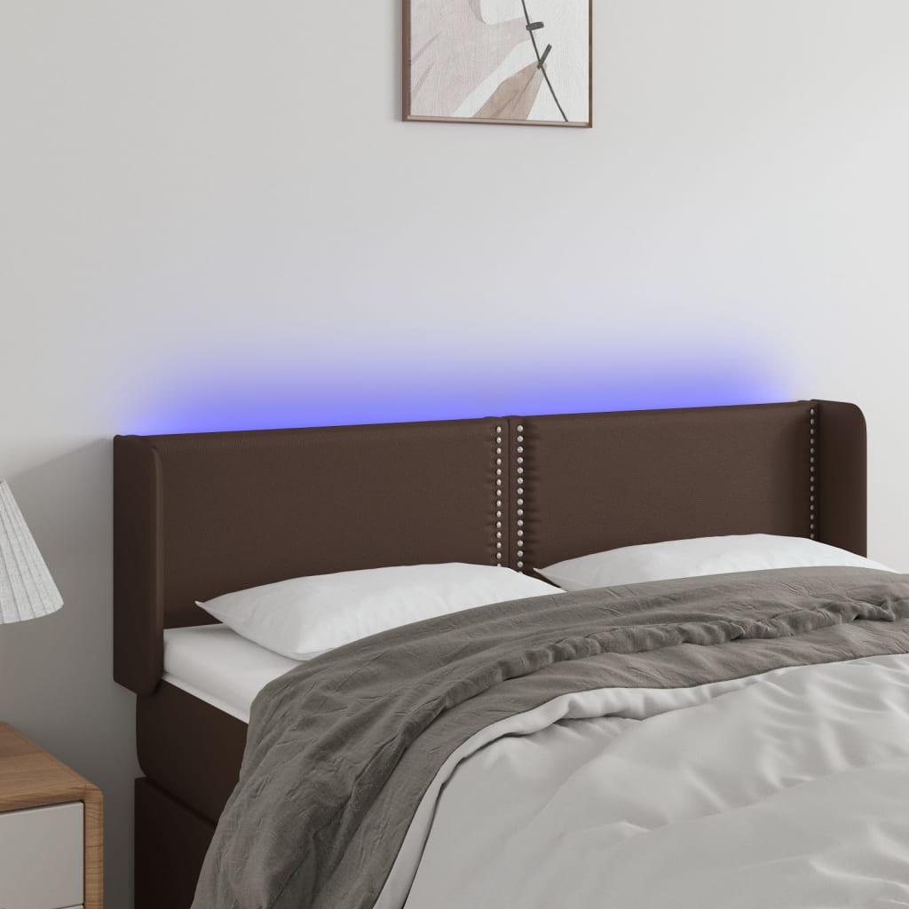 Sengegavl med LED-lys 147x16x78/88 cm kunstlæder brun