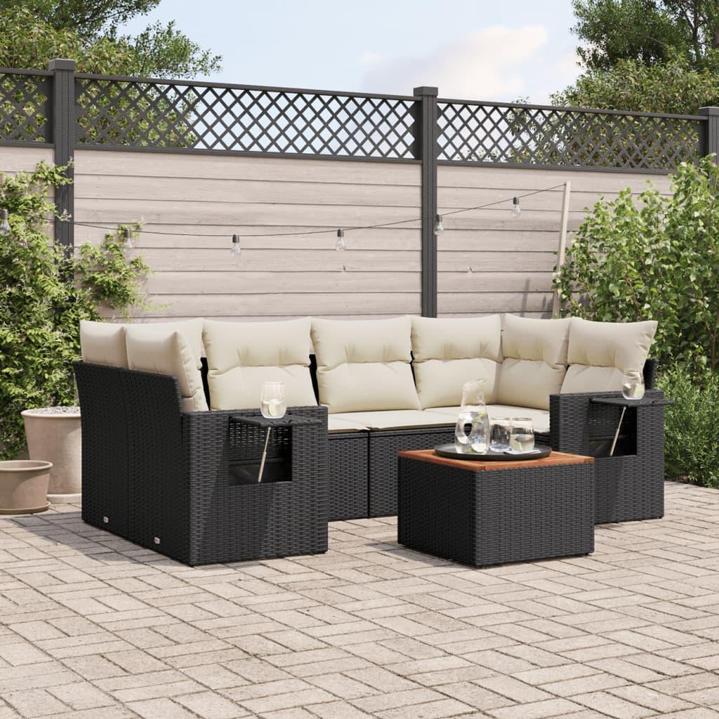 Sofasæt til haven i polyrattan - 7 dele med hynder, sort