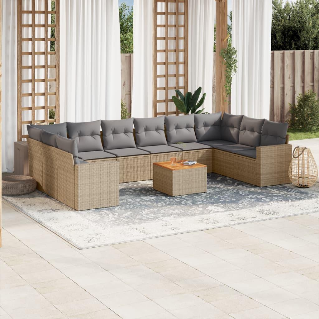 Havesofasæt 11 dele med hynder polyrattan beige