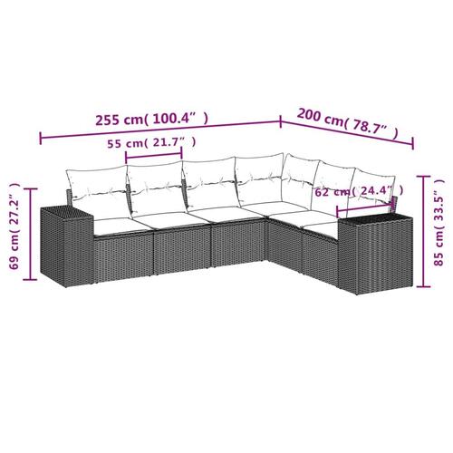 Sofasæt til haven 6 dele med hynder polyrattan sort