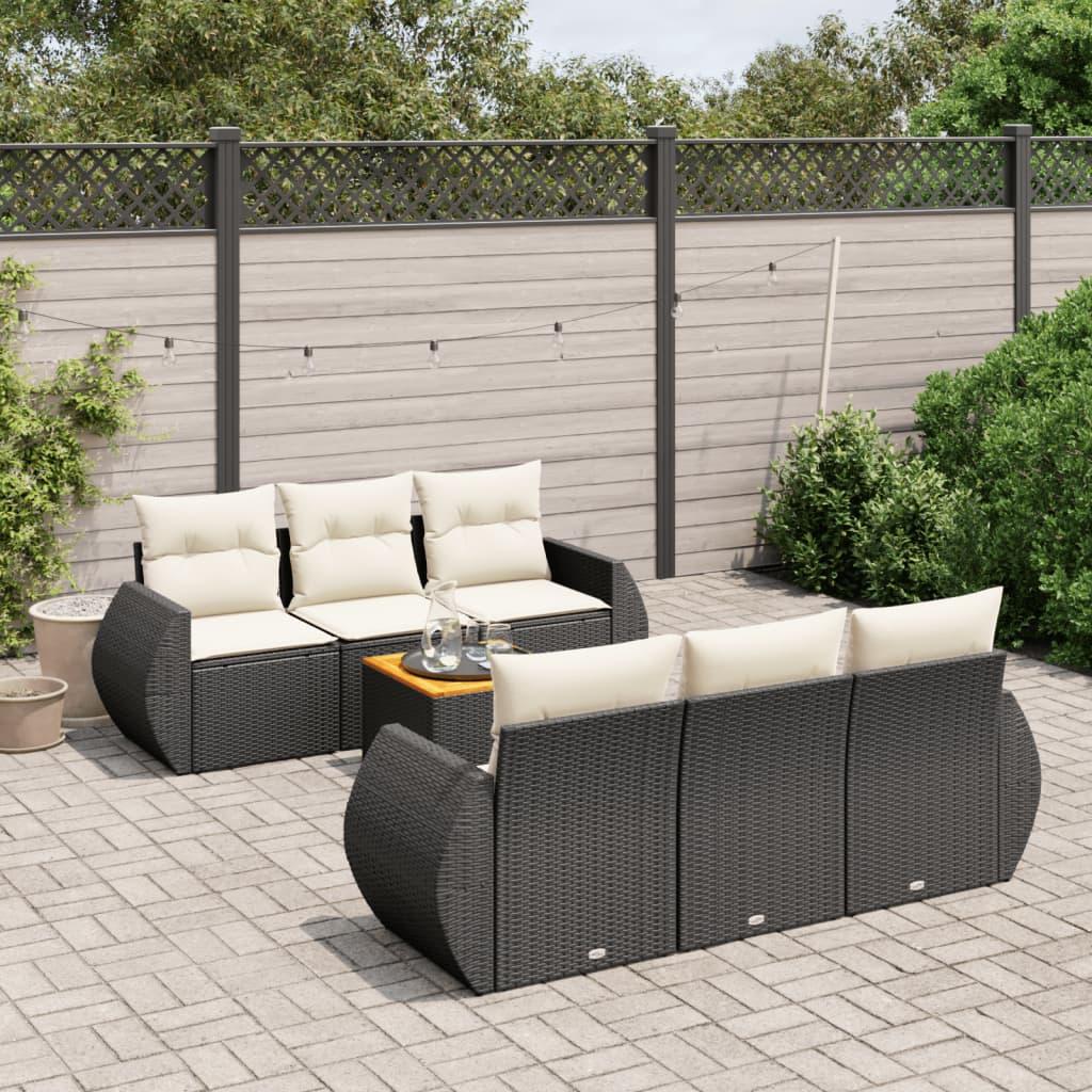 Sofasæt til haven i polyrattan - 7 dele med hynder, sort
