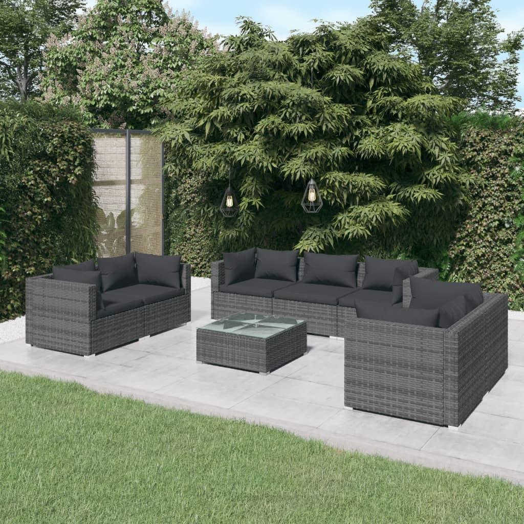 Loungesæt til haven 8 dele med hynder polyrattan grå