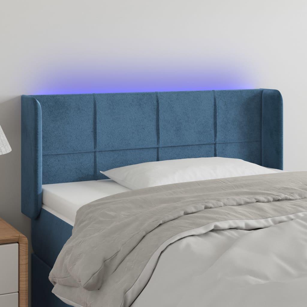 Sengegavl med LED-lys 83x16x78/88 cm stof Mørkeblå billede