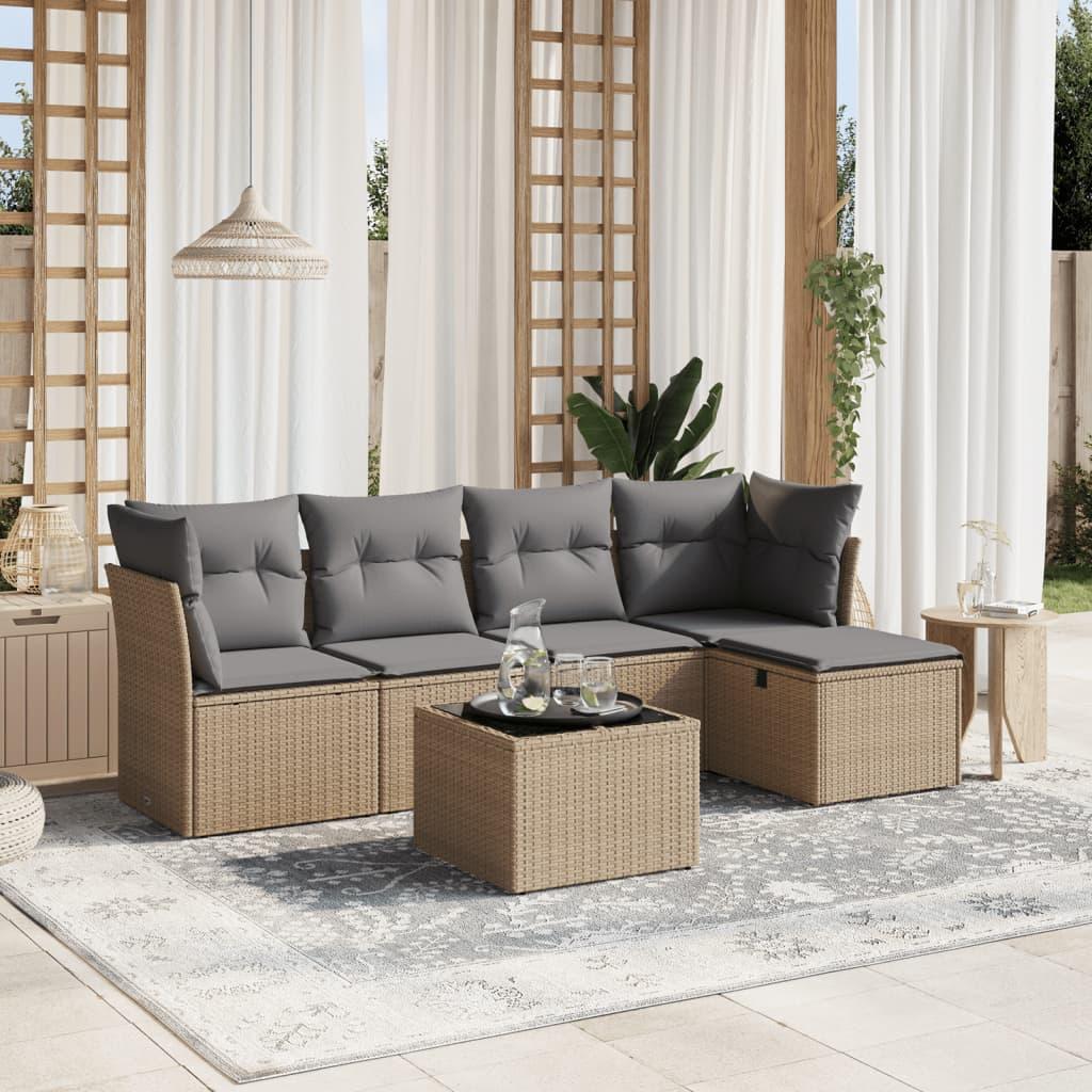 Havesofasæt 6 dele med hynder polyrattan beige