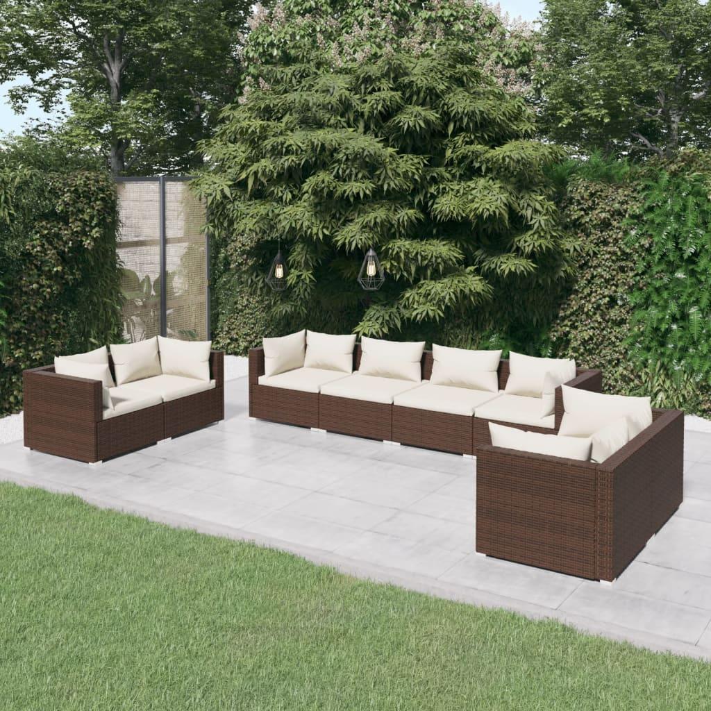 Loungesæt til haven 8 dele med hynder polyrattan brun