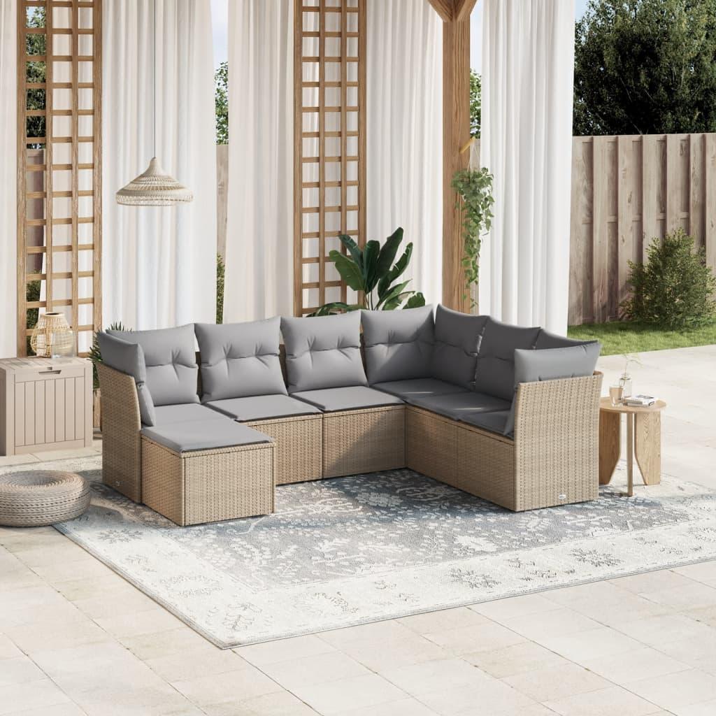 Havesofasæt 7 dele med hynder polyrattan beige
