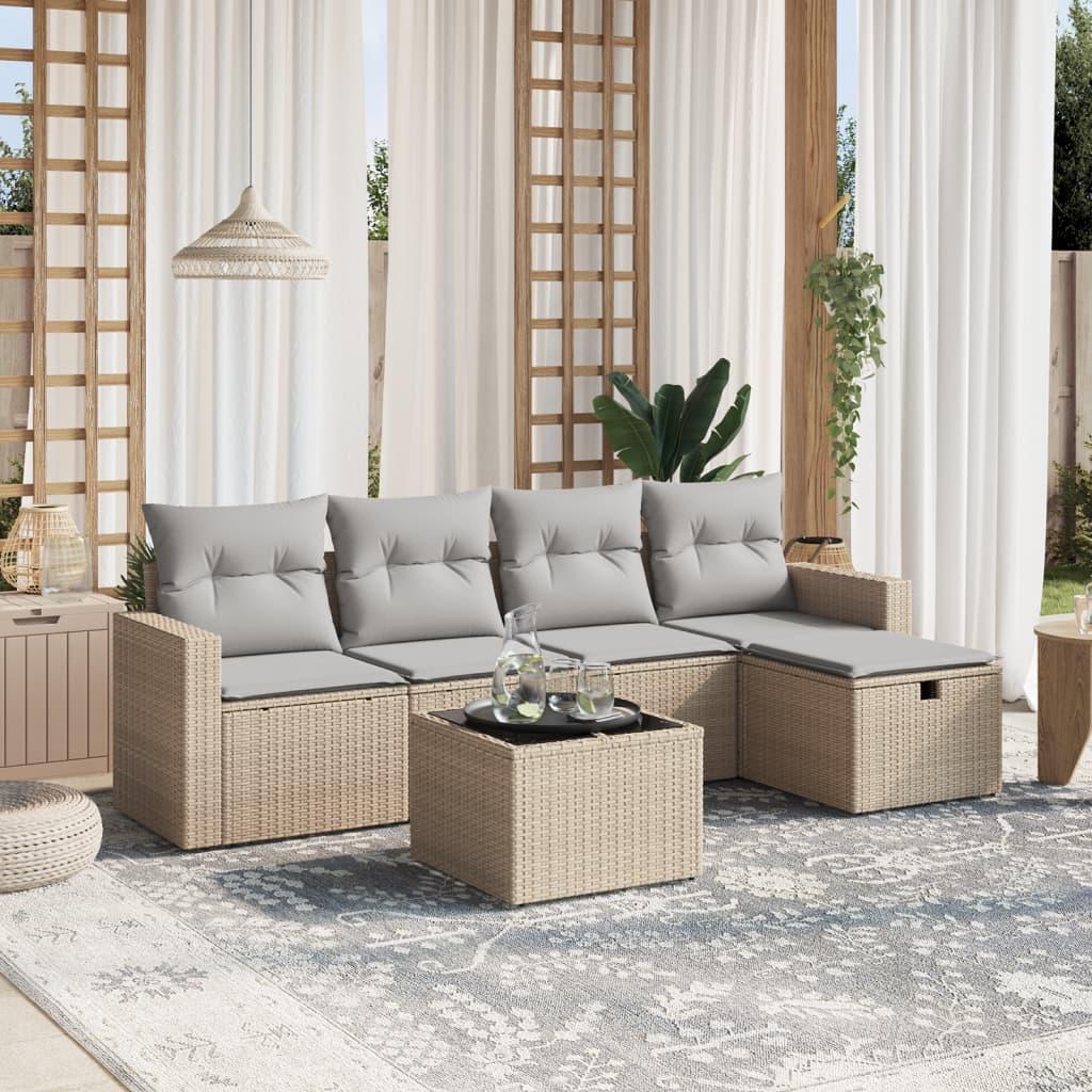 Havesofasæt 6 dele med hynder polyrattan beige