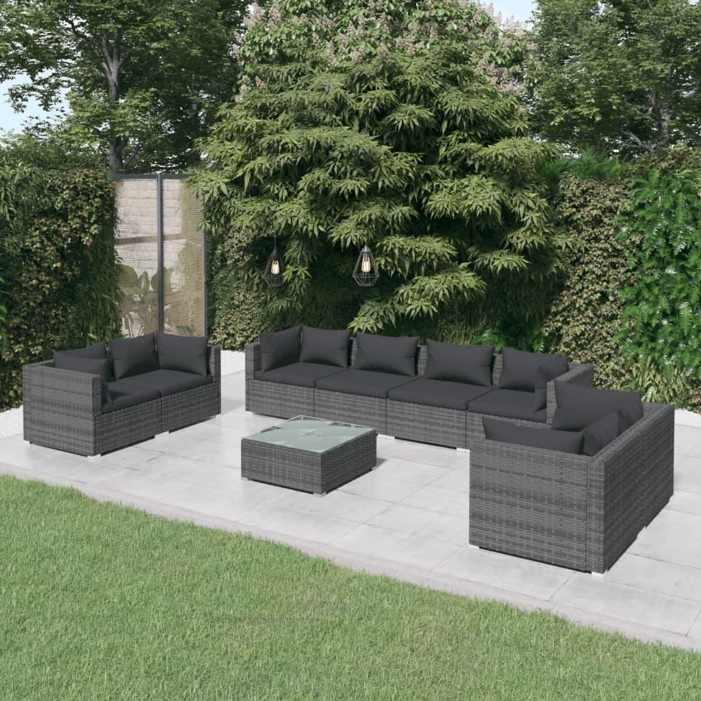 Loungesæt til haven 9 dele med hynder polyrattan grå billede
