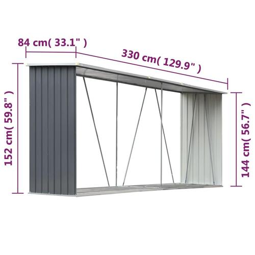 Brændeskur til haven galvaniseret stål 330x84x152 cm grå