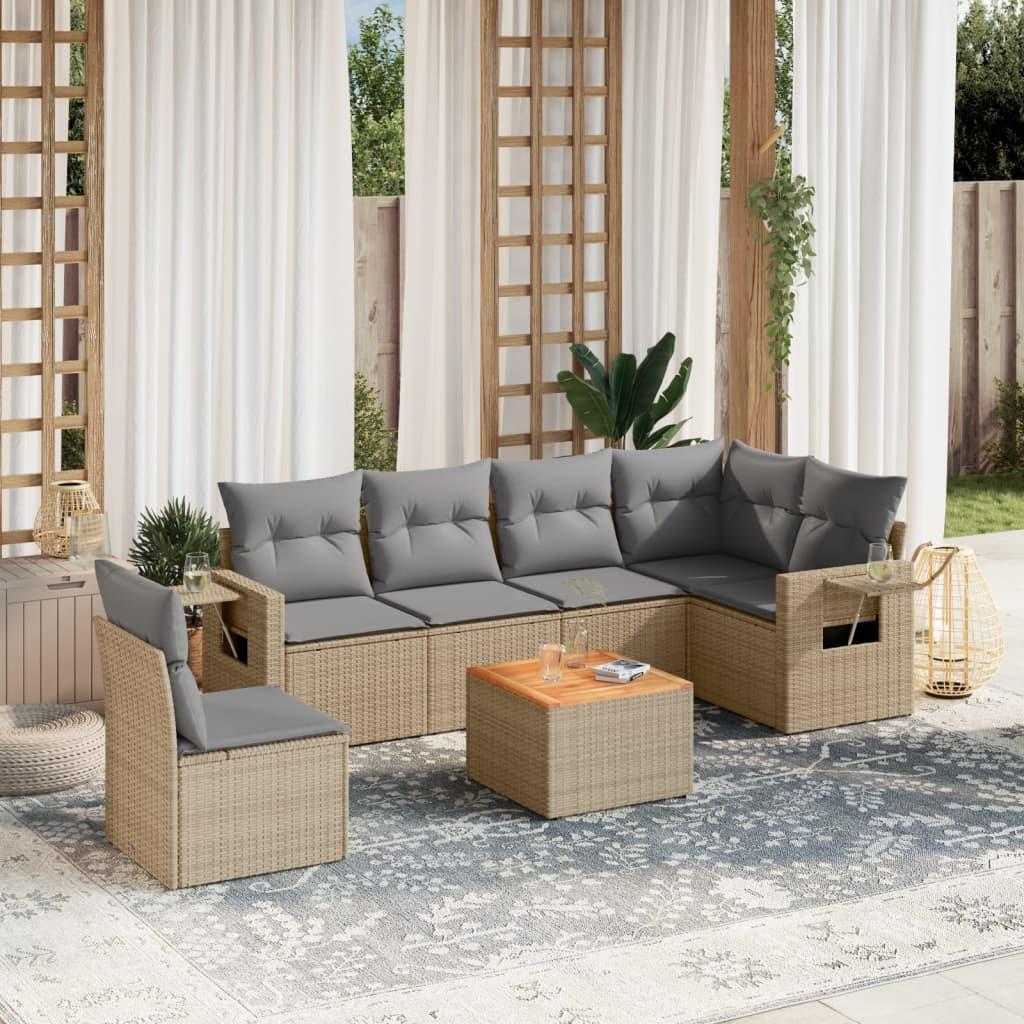 Havesofasæt 7 dele med hynder polyrattan beige