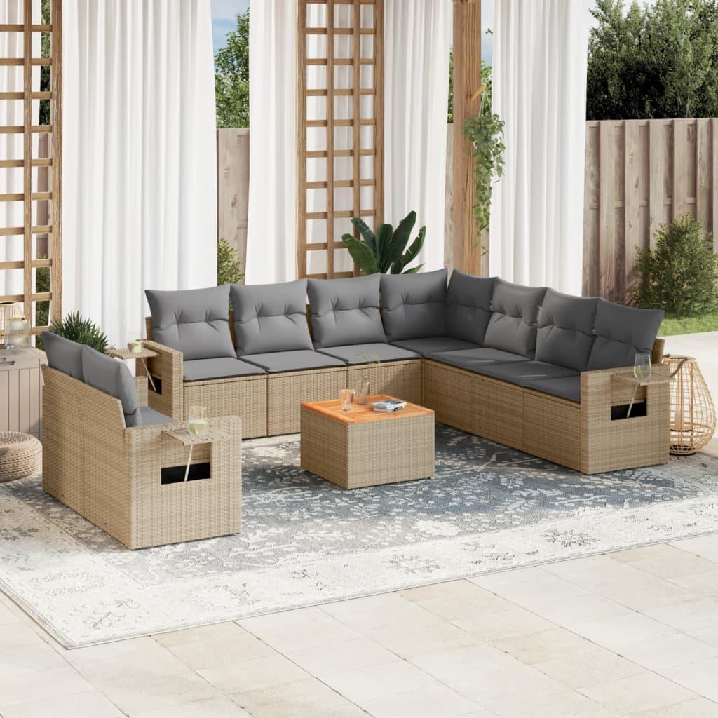 Havesofasæt i polyrattan, 10 dele med hynder - beige