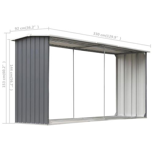 Brændeskur til haven galvaniseret stål 330 x 92 x 153 cm grå