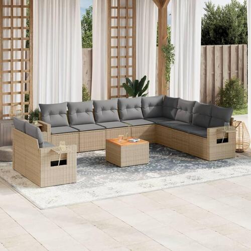 Havesofasæt 11 dele med hynder polyrattan beige