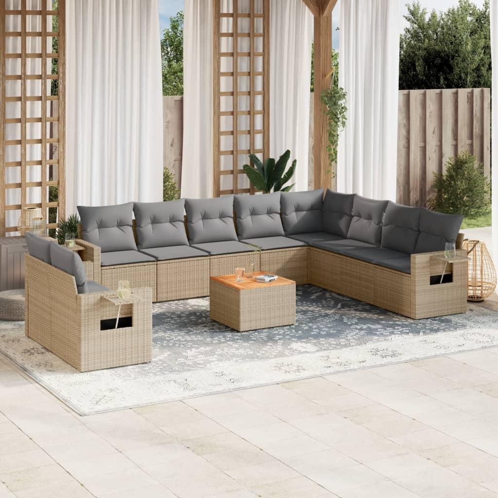 Havesofasæt 11 dele med hynder polyrattan beige