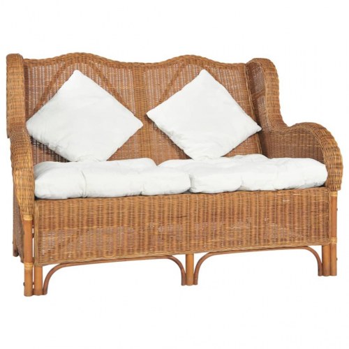 2-personers sofa i naturlig rattan med linnedhynder - lysebrun